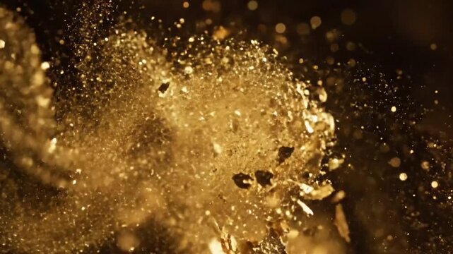 Luxurious gold flakes exploding with glimmering glitter particles against a dark background, representing wealth and celebration.