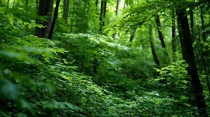 Naklejka premium A dynamic wide shot of a lush green forest showcasing abstract forms and organic shapes that infuse the scene with vibrant energy