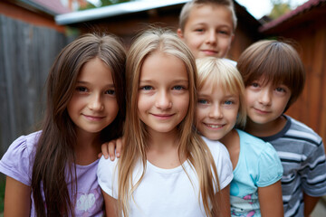 Obraz premium Group of children posing in a backyard together