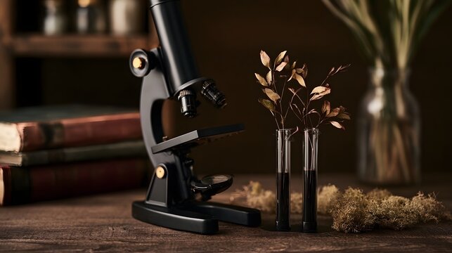 A serene and atmospheric view of a microscope and test tubes highlighting earthy textures and elegant contours