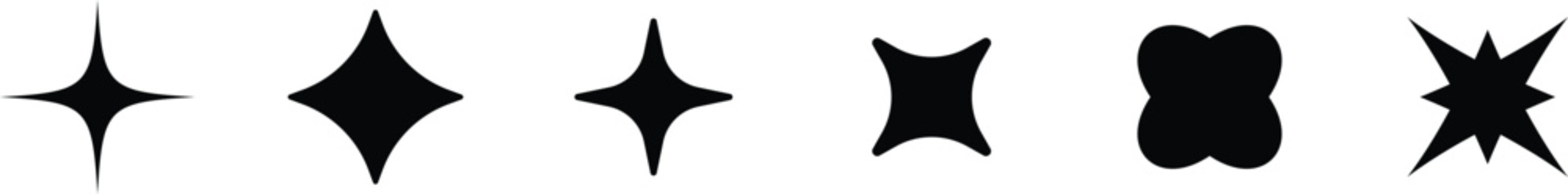 A horizontal array of various black four pointed sparkle shapes and shining star icons on white	