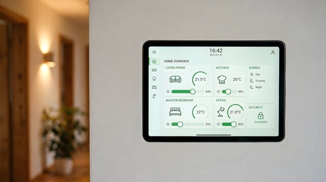 Smart home control panel on wall with temperature