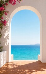 Fototapeta premium Mediterranean white archway with view of beautiful blue ocean and sky