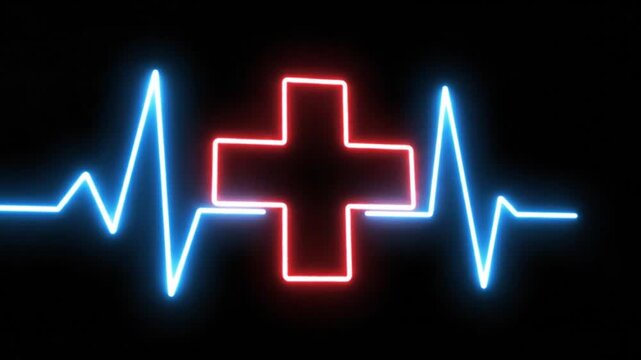 Neon blue heartbeat rhythm and red medical cross symbol representing healthcare emergency or medical assistance needed