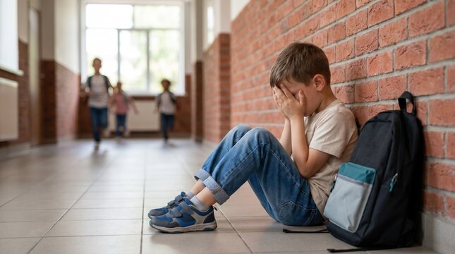 Sad schoolboy sitting on corridor floor by brick wall, face in hands, backpack beside him; blurred students in hallway near large window, bullying concept