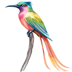 Fototapeta premium Paradise Bird, high quality watercolor illustration with transparent textures, isolated on a white background.