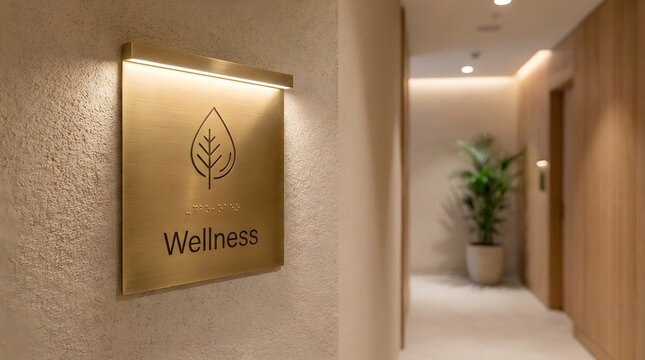 Elegant brass wellness sign featuring a minimalist leaf icon and braille text mounted on a textured beige wall in hallway