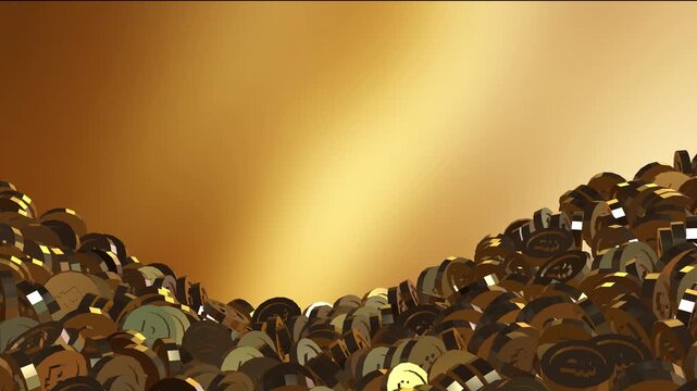 3d animation of golden russian ruble coins moving in a wavy motion against a glowing golden background.