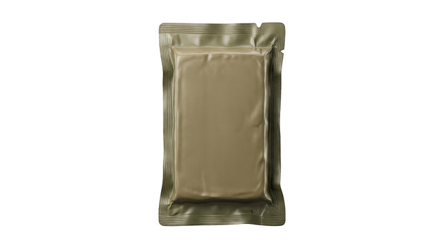 Vacuum-sealed olive drab emergency ration meal packet isolated on a transparent background. Ideal for military supplies, emergency preparedness, survival kits, outdoor adventures, camping, disaster re