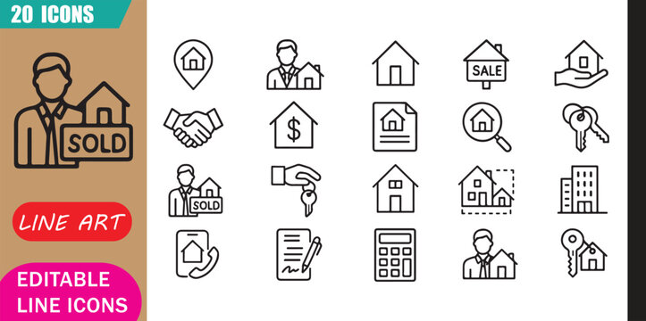Isolated real estate agent icons set, 20 editable line art icons set, real estate agent, realtor property home, buying selling housing, client service theme style, clean outline vector