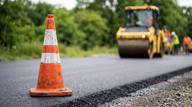 C&ocirc;ne de signalisation orange sur de l'asphalte frais. Travaux de construction de route avec un rouleau compresseur en arri&egrave;re-plan flou