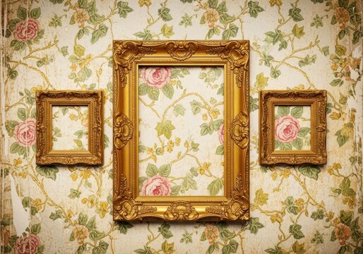 Aged distressed wallpaper featuring faded botanical patterns, yellowed patina, and opulent ornate gilded frames, damage, gold, texture