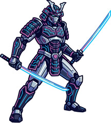 Fototapeta premium Cyber Ninja: Sleek futuristic mechanical samurai warrior silhouette wielding blue laser katanas