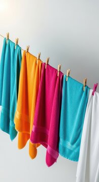 Freshly washed laundry flapping gently in the bright spring sunshine. Colorful towels and white sheets hang drying on a sturdy outdoor rope, routine, summer, backyard