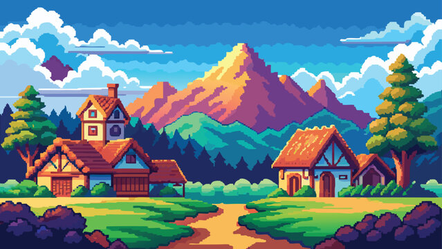 Pixelated village nestled in mountains during a vibrant sunrise with a path leading through rolling hills