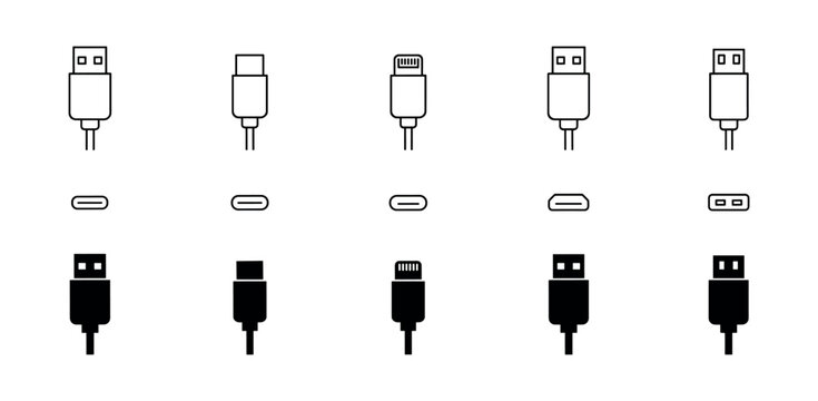 Set of usb, usb-c, and lightning cable connector in outline and solid styles