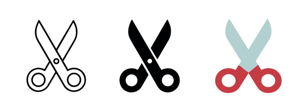 Three styles of scissors outline, solid black, and colored