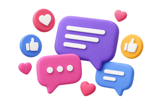 Colorful 3D social media chat bubbles and reaction icons
