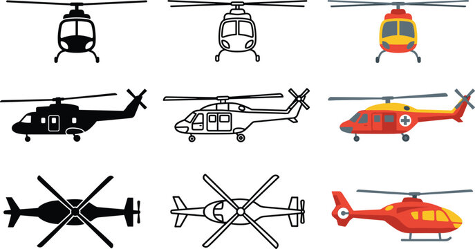 Helicopter Vector Icon Set with Front Side and Top Views in Silhouette Outline and Flat Color Styles for Aviation Rescue and Military Designs
