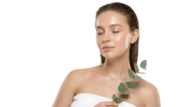Beautiful young woman with glowing skin holding eucalyptus branch isolated on transparent background