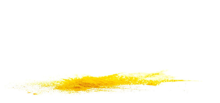 Turmeric powder pile isolated on white background, side view