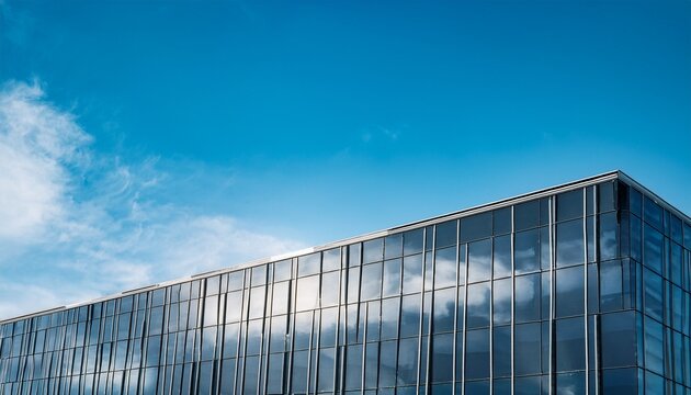 urban modern architecture building facade of glass with abstract pattern showing reflection into wide sky creating minimal background copyspace for design