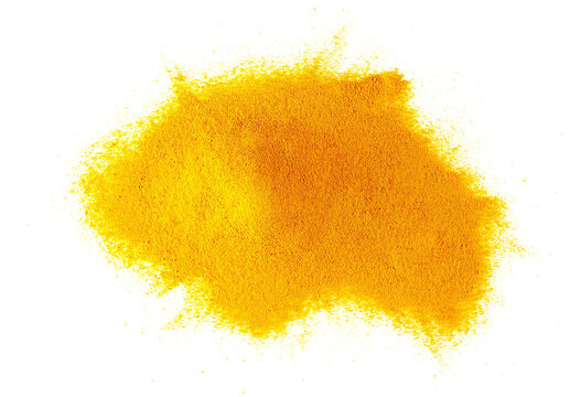 Turmeric powder pile isolated on white background, top view