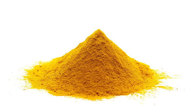 Turmeric powder pile isolated on white background, side view