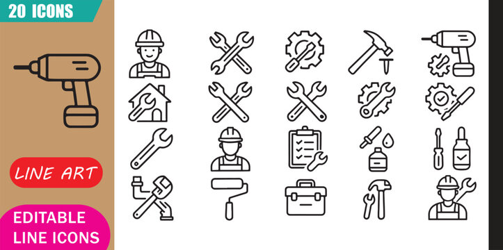 Isolated repair maintenance icons set, 20 editable line art icons set, handyman repair, maintenance tools, construction renovation, home service contractor theme style, clean outline vector