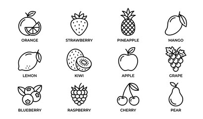 Fruits and Berries Flat Line Icons Set with Editable Strokes for Organic Food Store © MdNayeem