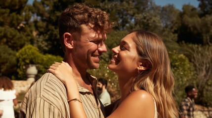 Fototapeta premium Emotional Couple Sharing a Smile at an Outdoor Event