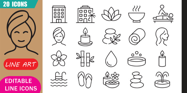 Isolated spa resort icons set, 20 editable line art icons set, spa resort, wellness luxury hotel, relaxation massage, vacation hospitality retreat theme style, clean outline vector