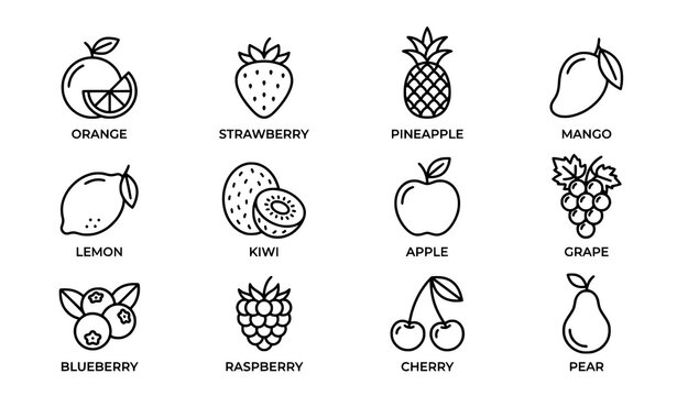 Fruits and Berries Flat Line Icons Set with Editable Strokes for Organic Food Store