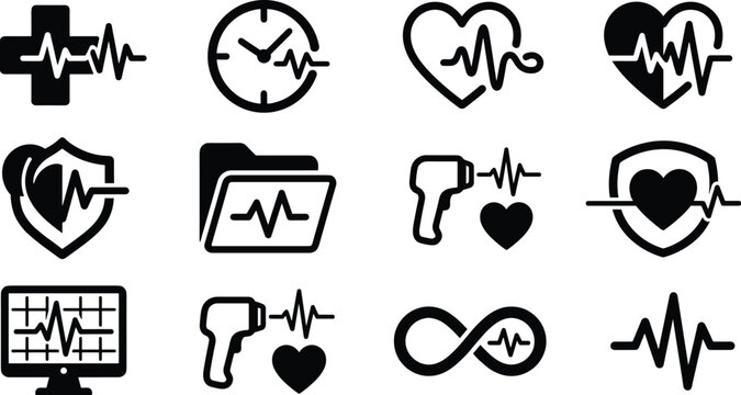Medical Heartbeat and ECG Monitor Icon Set with Cardiogram Waves Medical Cross Shields Thermometers Folders and Infinity Symbols for Cardiology App UI Designs