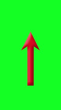 Simple red arrow isolated on a green background. Minimal graphic element suitable for navigation, direction, pointers, presentations, user interface design and chroma key editing.