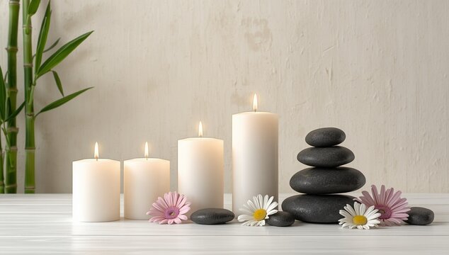 Minimalist spa composition featuring lit white candles, stacked black massage stones, bamboo stems, and delicate pink and white flowers. Perfect for wellness, relaxation, meditation, aromatherapy, sel