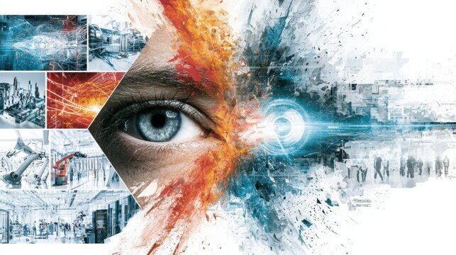 A contrasting view of a human eye and a glowing digital eye with visuals of machine learning and robotics in an innovative setting.