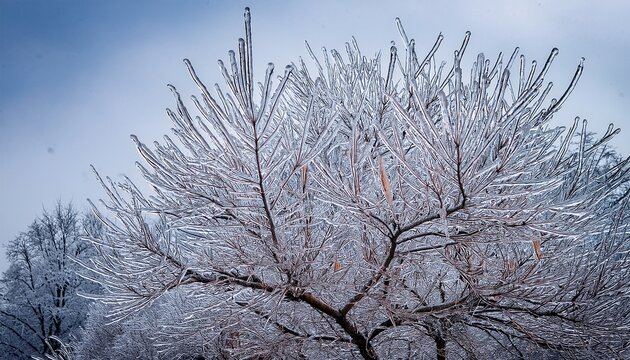 Freezing Rain Close Up View Of Tree Branches Fully Encapsulated In Ice Glaze Glazed Frost Or Verglas Natural Occurrence