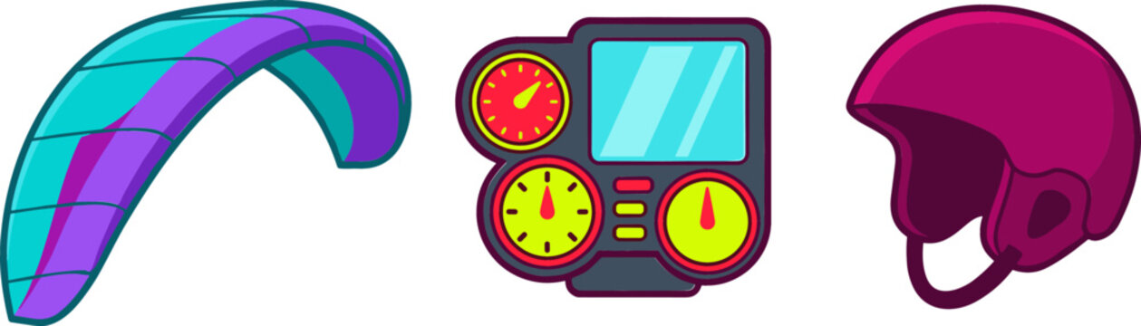 Paragliding Extreme Sport Equipment Vector Icon Set with Glider Canopy Sail Variometer Altimeter Flight Instrument Dashboard and Protective Safety Helmet Designs