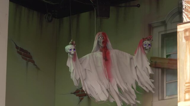 Steady View Of An Animated Ghost Decoration Suspended Outside The Asiatique Haunted House Attraction In Bangkok, Thailand
