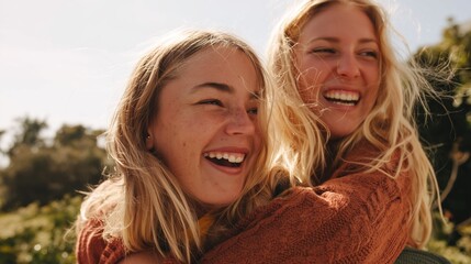 Fototapeta premium Happy Women Hugging, Sunny Beach Day