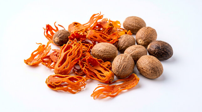 Dried Organic Indian mace (Myristica fragrans) spice with nutmeg seeds, known in India as Javantri or javitri and Jaiphal in white background