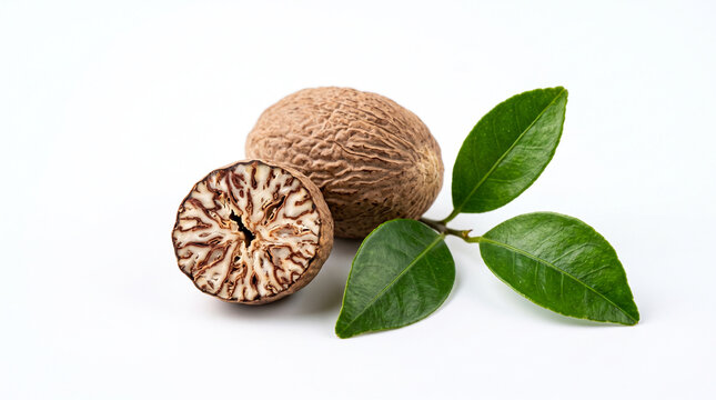 closeup Dried organic whole and cut Indian spice nutmeg seed (Myristica fragrans) with leaves, known in India as Jaiphal in white background