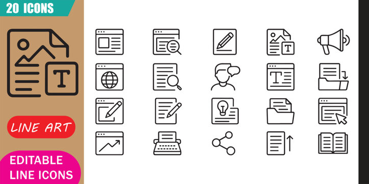 Isolated blog writing icons set, 20 editable line art icons set, web content, blog writing article, copywriting seo, website publishing theme style, clean outline vector