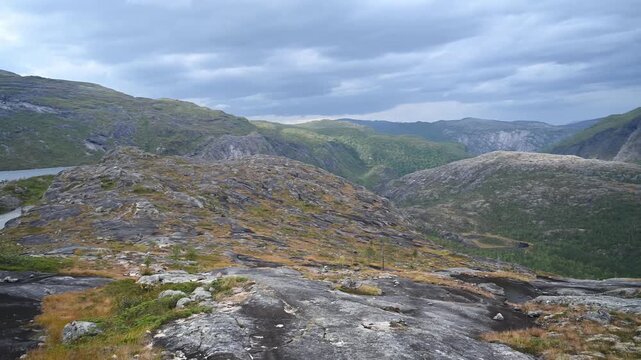 Panoramic Drone View of Rocky Mountain Tundra Landscape with Lake in Rago National Park Norway