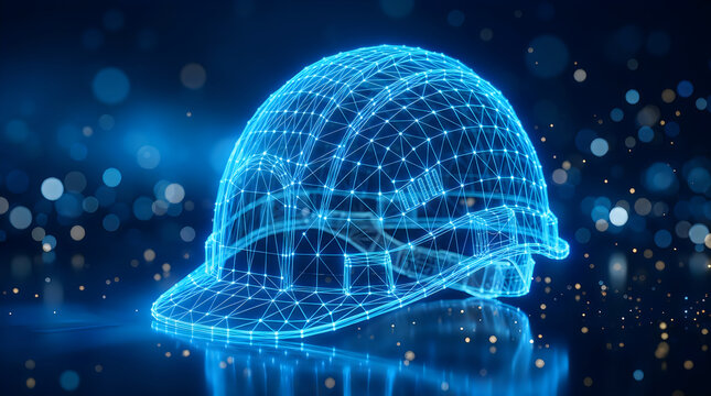 Futuristic digital blue construction helmet with glowing wireframe design isolated on transparent background for engineering safety and technology themes