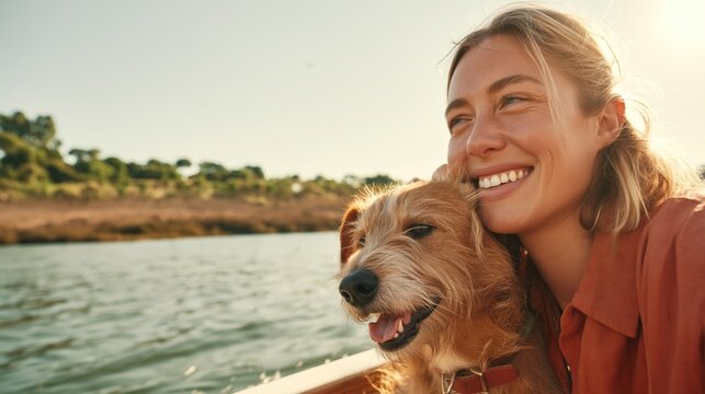 Woman with Dog on Boat, Smiling at Camera