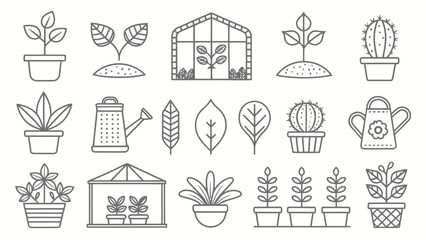 Fototapeta premium A collection of line drawings depicting various plants, pots, and gardening tools, including a greenhouse and watering can