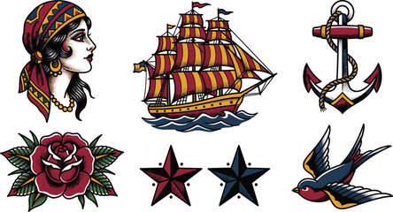 Old School Traditional Tattoo Vector Flash Sheet Featuring Gypsy Woman, Sailing Ship, Nautical Anchor, Red Rose, Swallow Bird, and Nautical Stars © MstJoynobAkhtar