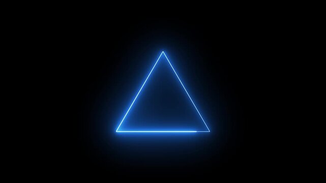 Glowing neon blue outline of a triangular warning sign with an exclamation mark inside, neon sign caution symbol black background, 